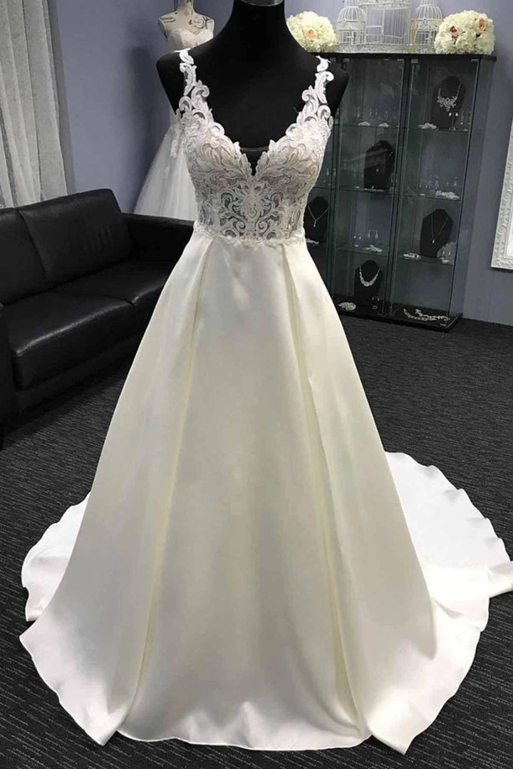 Long A-Line V Neck Halter Satin Wedding Dress by BIZTUNNEL