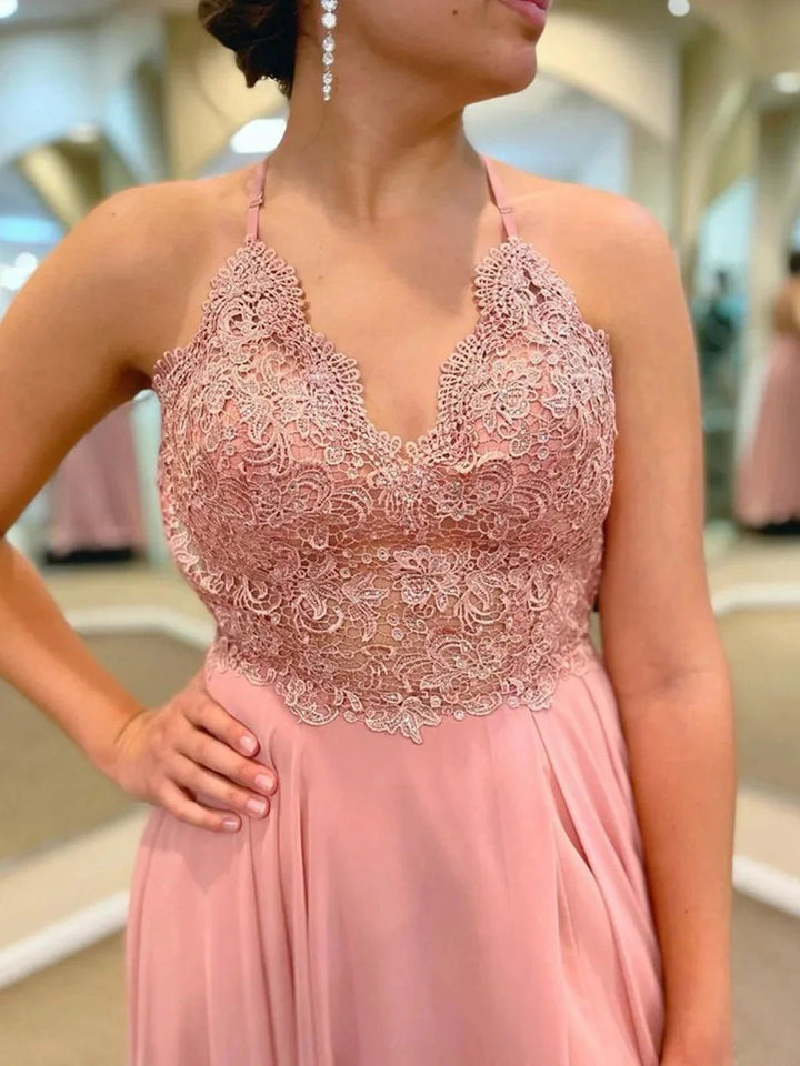 Long A-line V-neck Lace Chiffon Prom Dress with Slit Pink Formal Graduation Evening Dresses by BIZTUNNEL