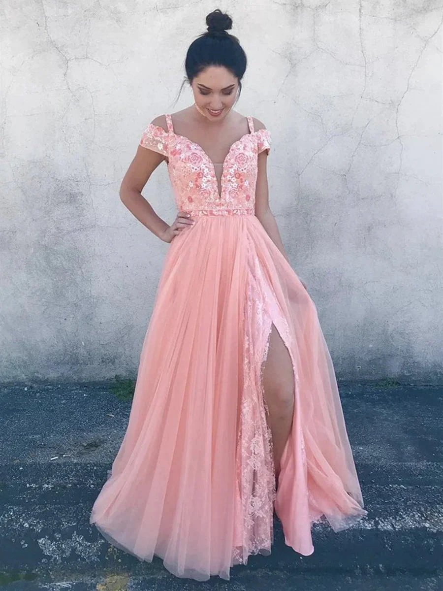 Long A-line V Neck Off Shoulder Tulle Lace Floral Prom Formal Evening Dresses with Slit by BIZTUNNEL