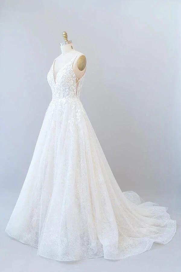 Long A-line V-neck Open Back Appliques Lace Tulle Wedding Dress by BIZTUNNEL