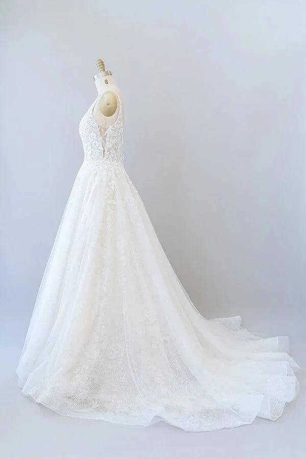Long A-line V-neck Open Back Appliques Lace Tulle Wedding Dress by BIZTUNNEL