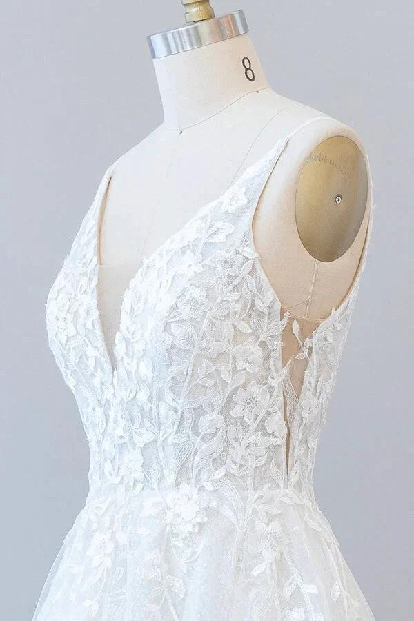 Long A-line V-neck Open Back Appliques Lace Tulle Wedding Dress by BIZTUNNEL