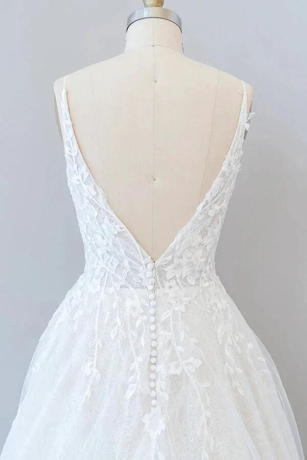 Long A-line V-neck Open Back Appliques Lace Tulle Wedding Dress by BIZTUNNEL