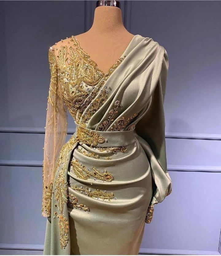 Long A-line V-neck Satin Beads Mermaid Formal Dress with Sleeves by BIZTUNNEL