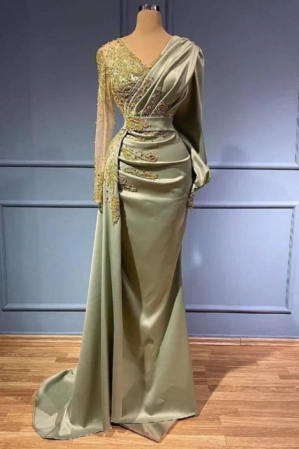 Long A-line V-neck Satin Beads Mermaid Formal Dress with Sleeves by BIZTUNNEL