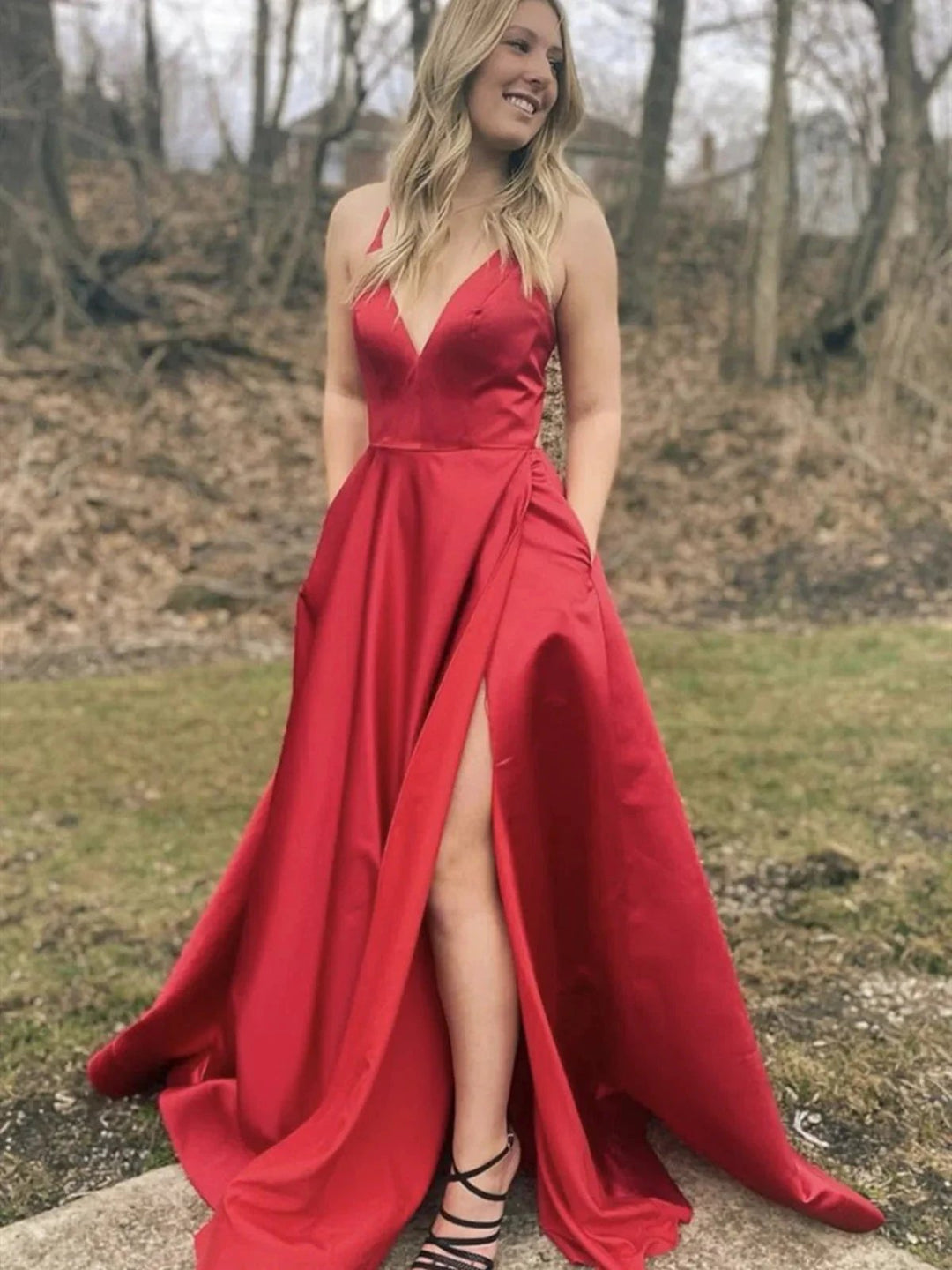 Robe longue droite à encolure en V en satin avec fente avant, formelle, pour bal de fin d&