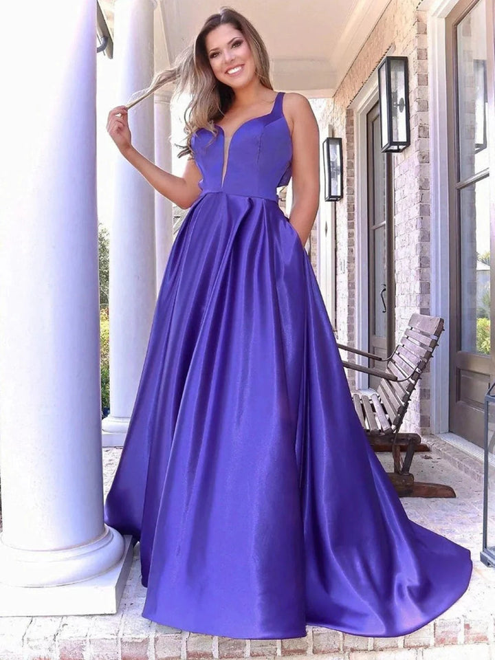 Long A Line V Neck Satin Prom Dress with Pockets Purple Formal Graduation Evening Dresses by BIZTUNNEL