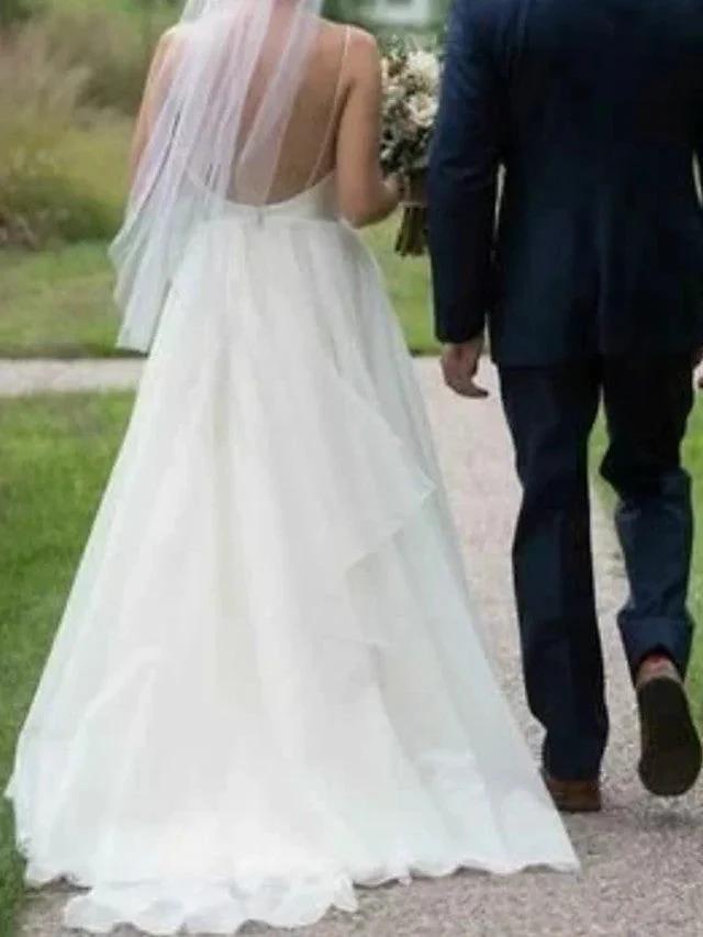 Long A-Line V Neck Satin Tulle Open Back Wedding Dresses by BIZTUNNEL