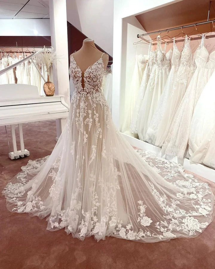 Long A-line V-neck Sleeveless Floral Lace Tulle Boho Wedding Dresses by BIZTUNNEL
