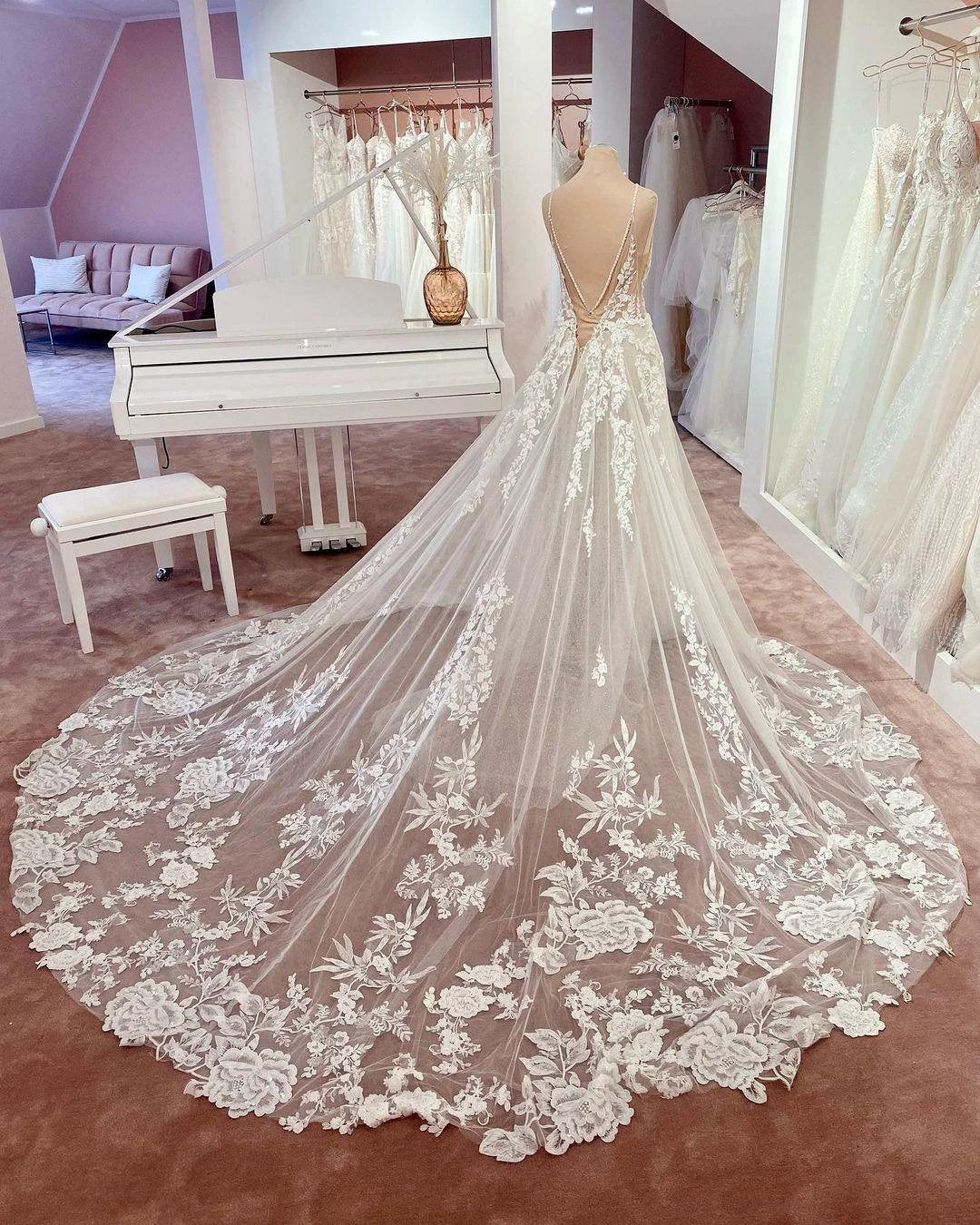 Long A-line V-neck Sleeveless Floral Lace Tulle Boho Wedding Dresses by BIZTUNNEL