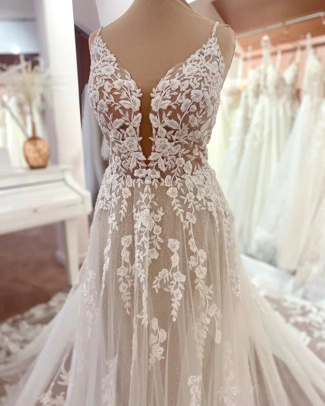 Long A-line V-neck Sleeveless Floral Lace Tulle Boho Wedding Dresses by BIZTUNNEL