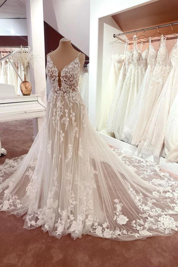 Long A-line V-neck Sleeveless Floral Lace Tulle Boho Wedding Dresses by BIZTUNNEL