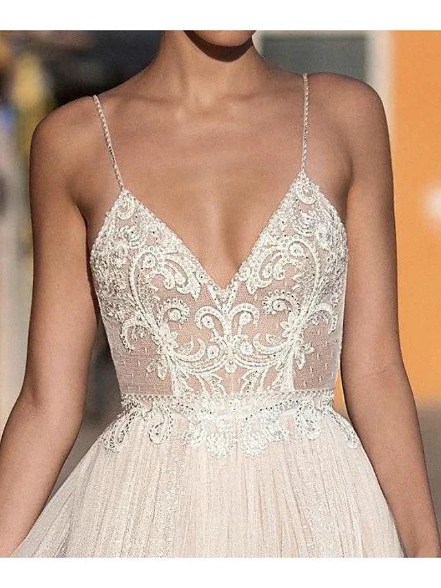 Long A-Line V-neck Spaghetti Strap Tulle Backless Wedding Dresses by BIZTUNNEL