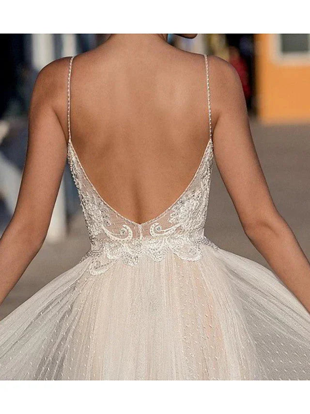 Long A-Line V-neck Spaghetti Strap Tulle Backless Wedding Dresses by BIZTUNNEL