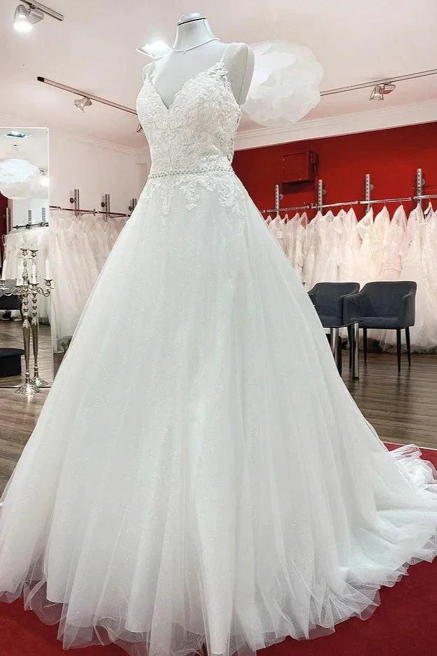 Long A-line V-neck Spaghetti Straps Backless Wedding Dress with Lace by BIZTUNNEL