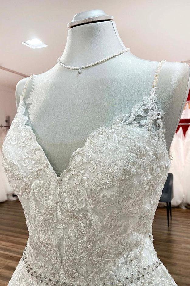 Long A-line V-neck Spaghetti Straps Backless Wedding Dress with Lace by BIZTUNNEL