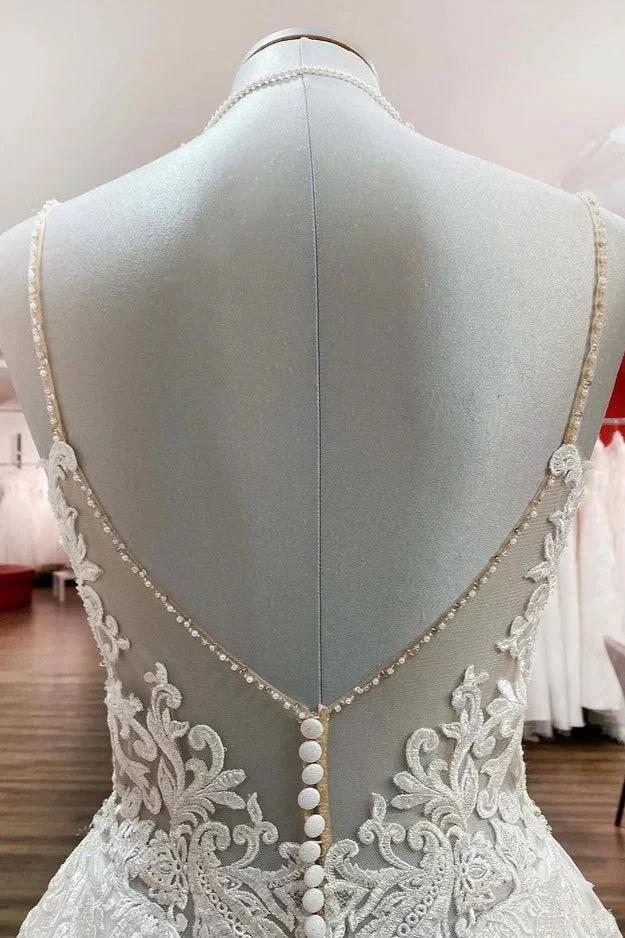 Long A-line V-neck Spaghetti Straps Backless Wedding Dress with Lace by BIZTUNNEL