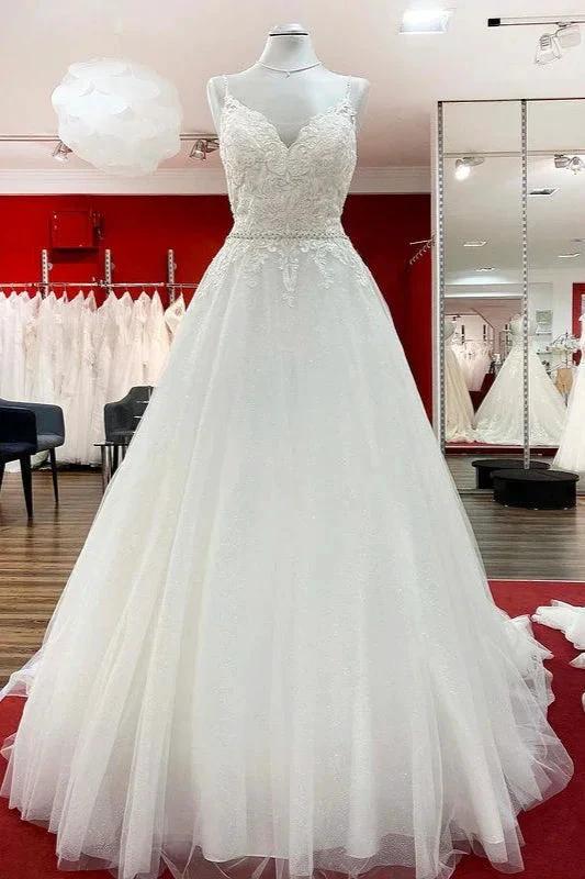 Long A-line V-neck Spaghetti Straps Backless Wedding Dress with Lace by BIZTUNNEL