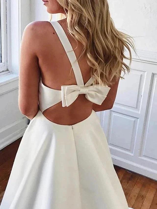 Long A-Line V Neck Stretch Satin Backless Wedding Dresses with Pockets by BIZTUNNEL