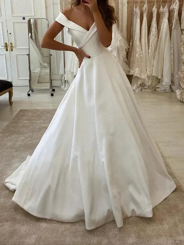 Long A-Line V Neck Sweep Brush Train Satin Wedding Dresses by BIZTUNNEL
