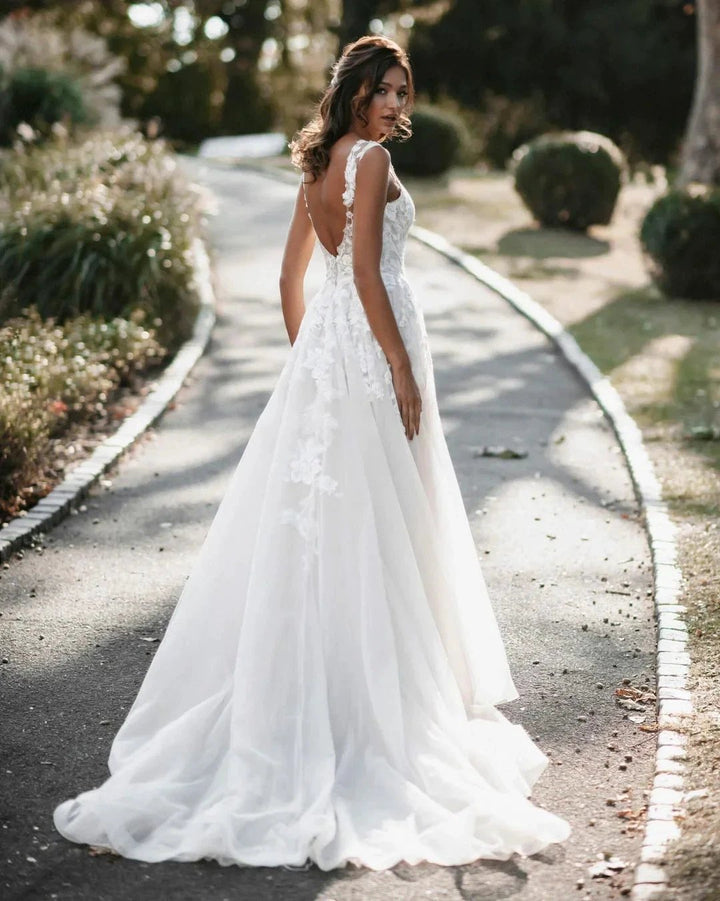 Long A-line V-neck Tulle Backless Lace Wedding Dress by BIZTUNNEL
