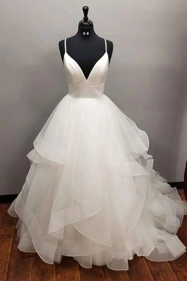 Long A-line V-neck Tulle Backless Wedding Dress by BIZTUNNEL