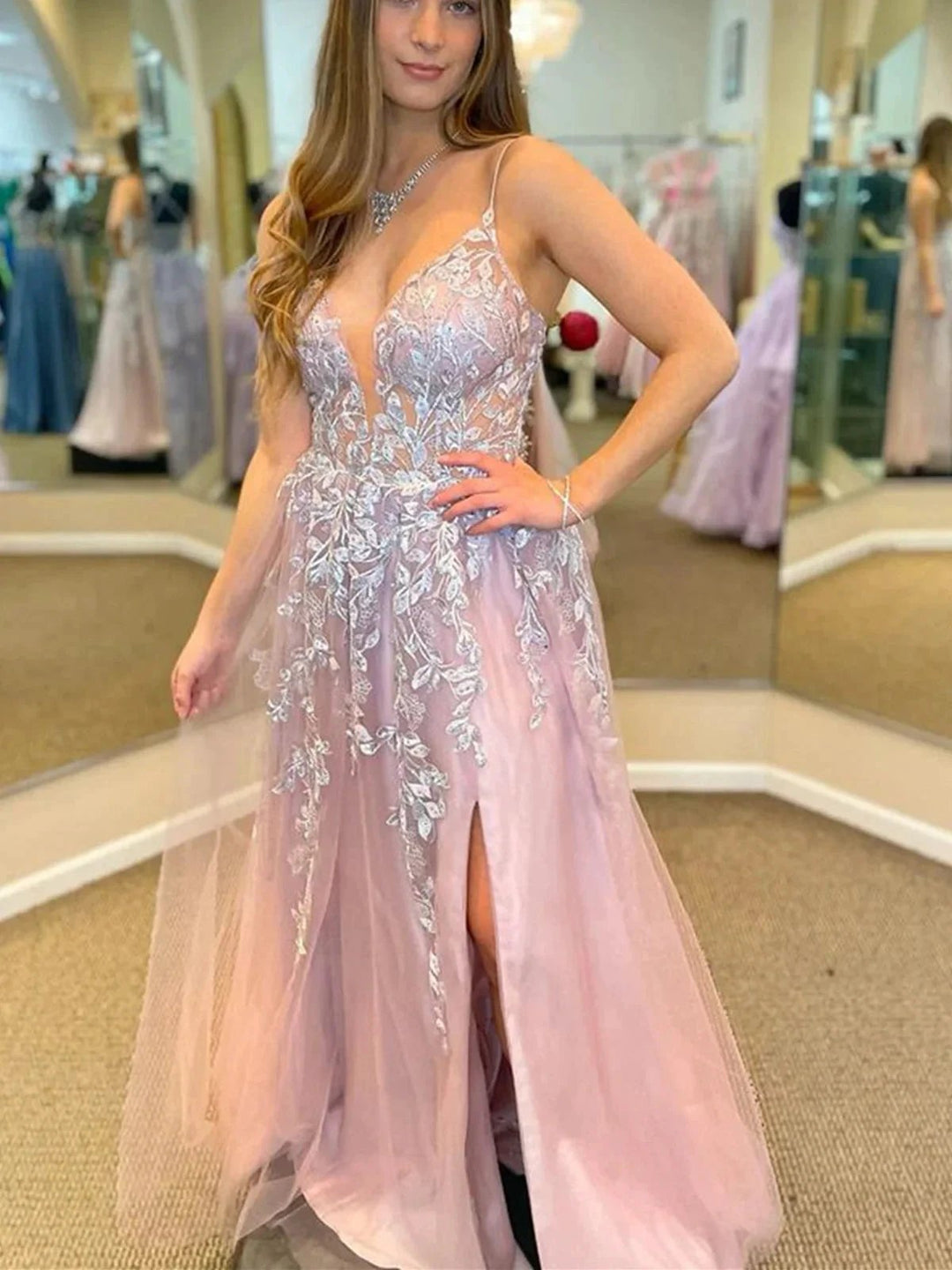Long A-line V-neck Tulle Front Slit Formal Prom Dress with Lace Appliques by BIZTUNNEL