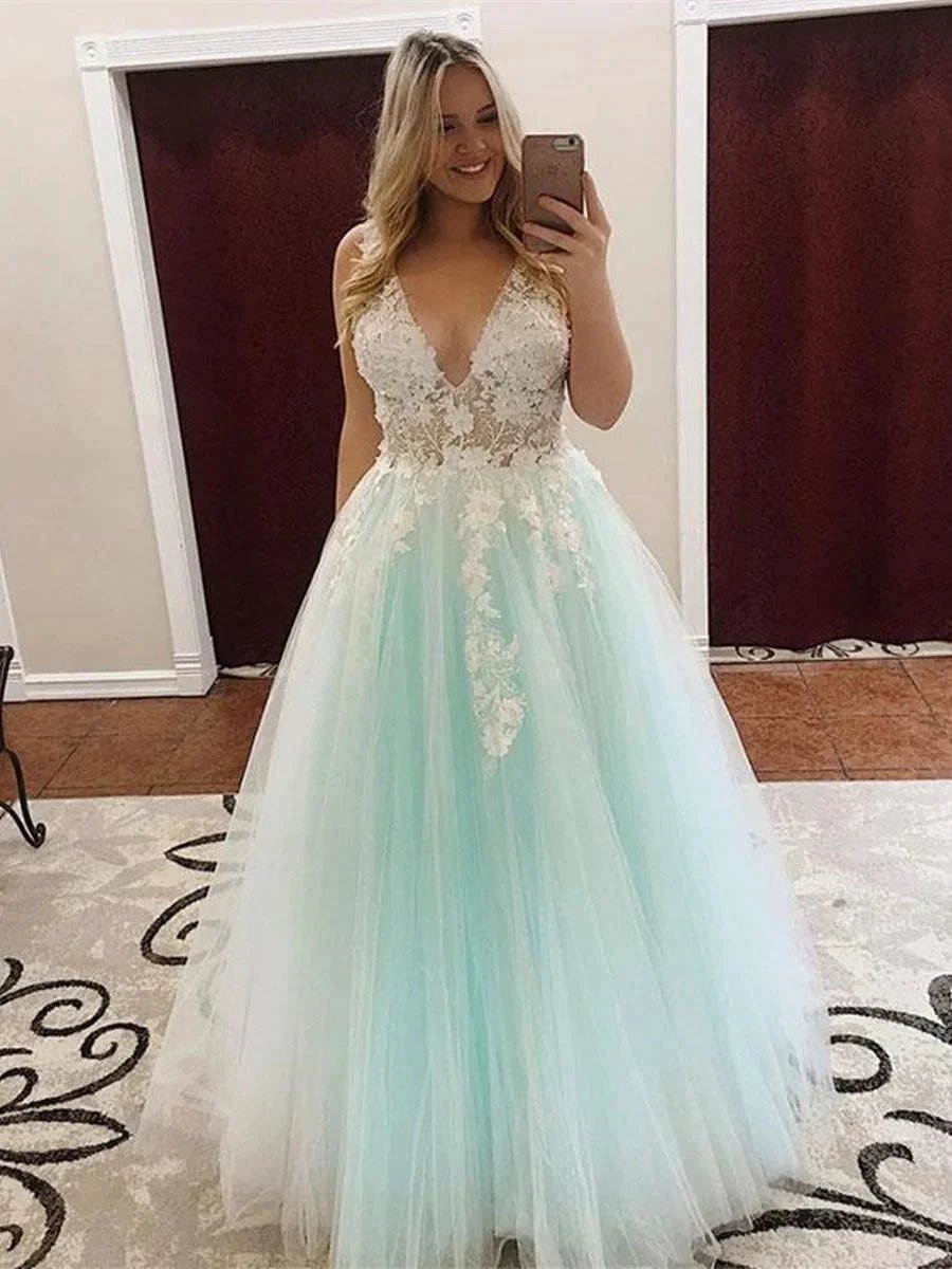 Long A Line V Neck Tulle Lace Appliques Prom Formal Evening Dresses by BIZTUNNEL