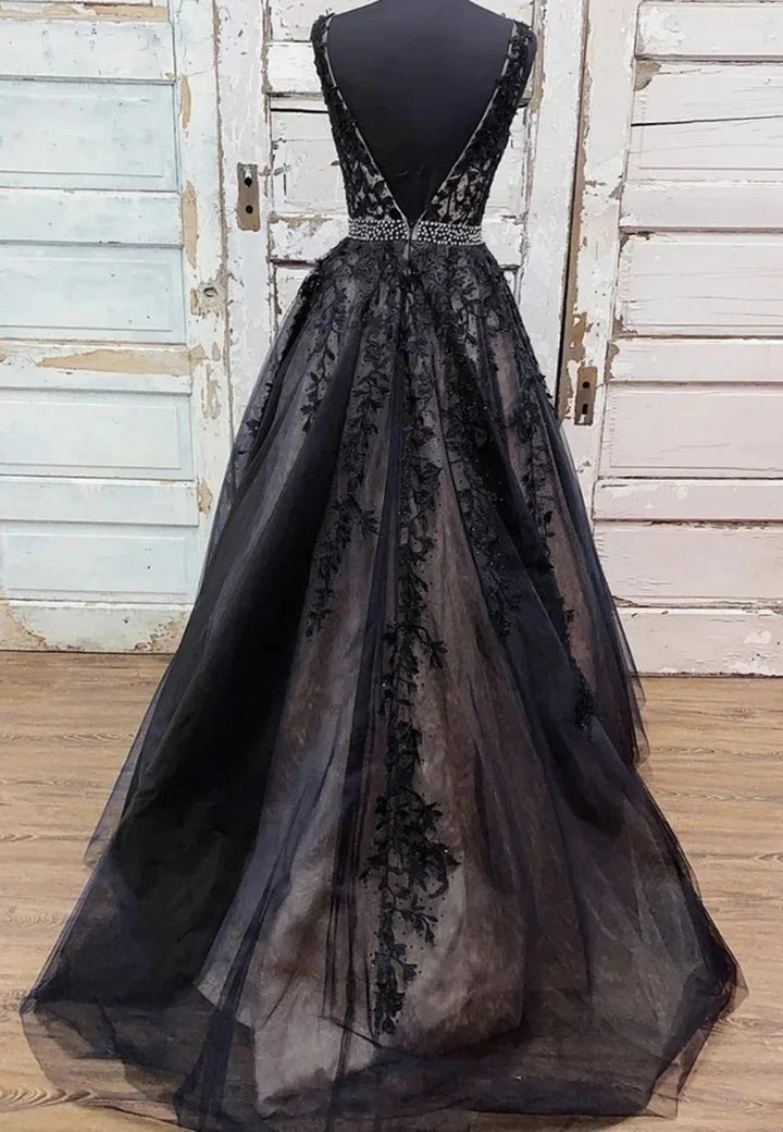 Long A-line V-neck Tulle Lace Backless Formal Evening Prom Dresses by BIZTUNNEL