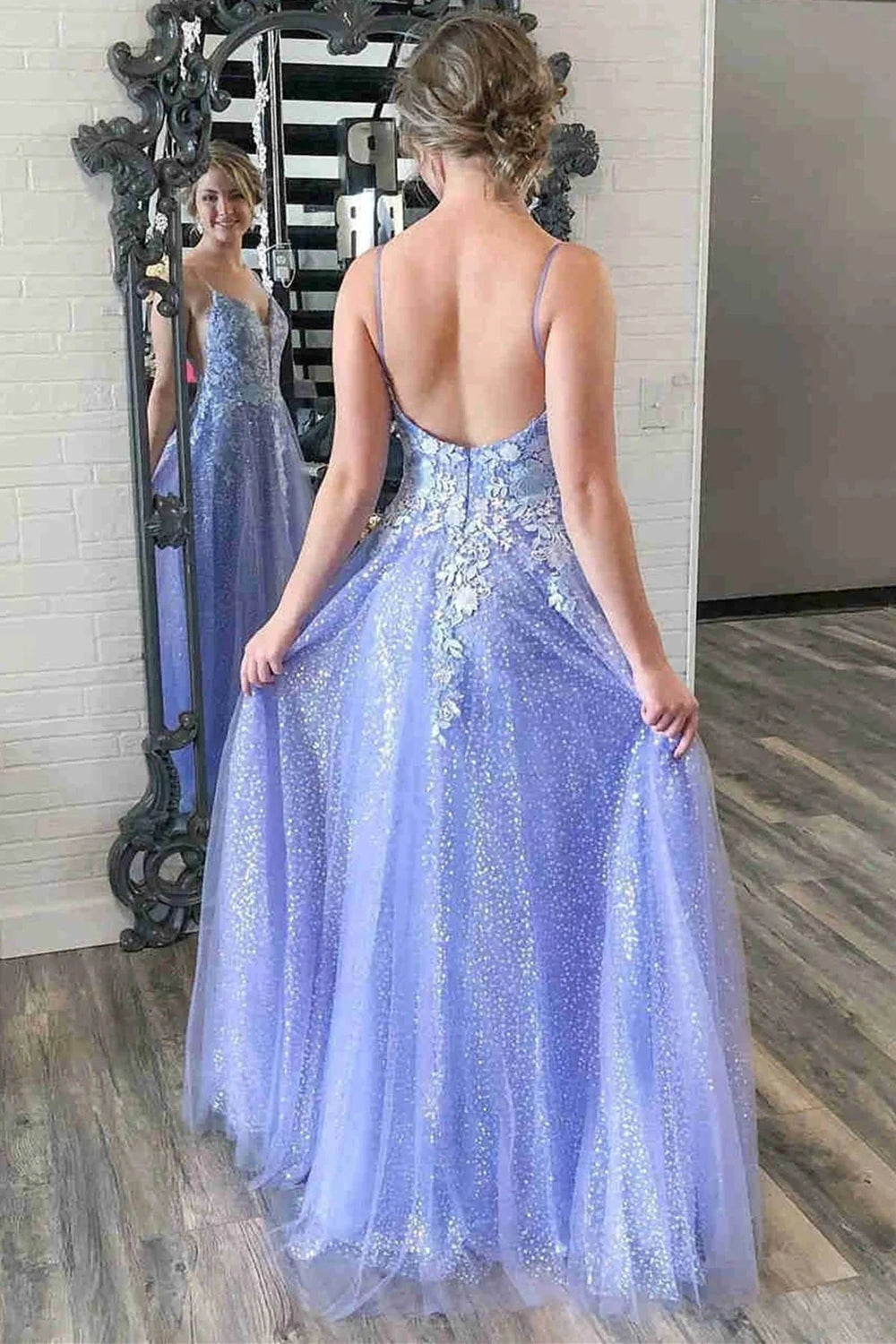 Long A-line V Neck Tulle Lace Backless Prom Dress Purple Lace Floral Formal Graduation Evening Dresses by BIZTUNNEL