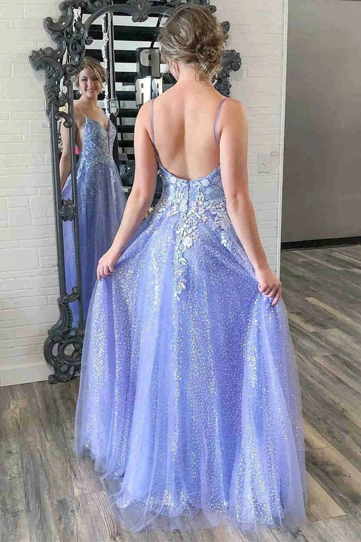 Long A-line V Neck Tulle Lace Backless Prom Dress Purple Lace Floral Formal Graduation Evening Dresses by BIZTUNNEL