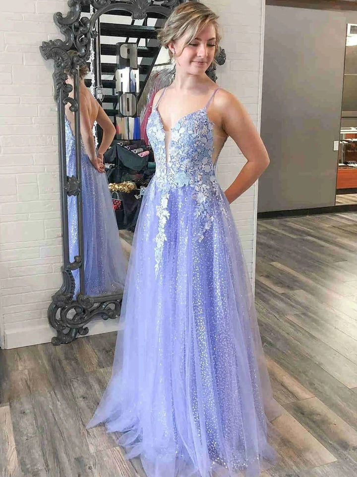 Long A-line V Neck Tulle Lace Backless Prom Dress Purple Lace Floral Formal Graduation Evening Dresses by BIZTUNNEL