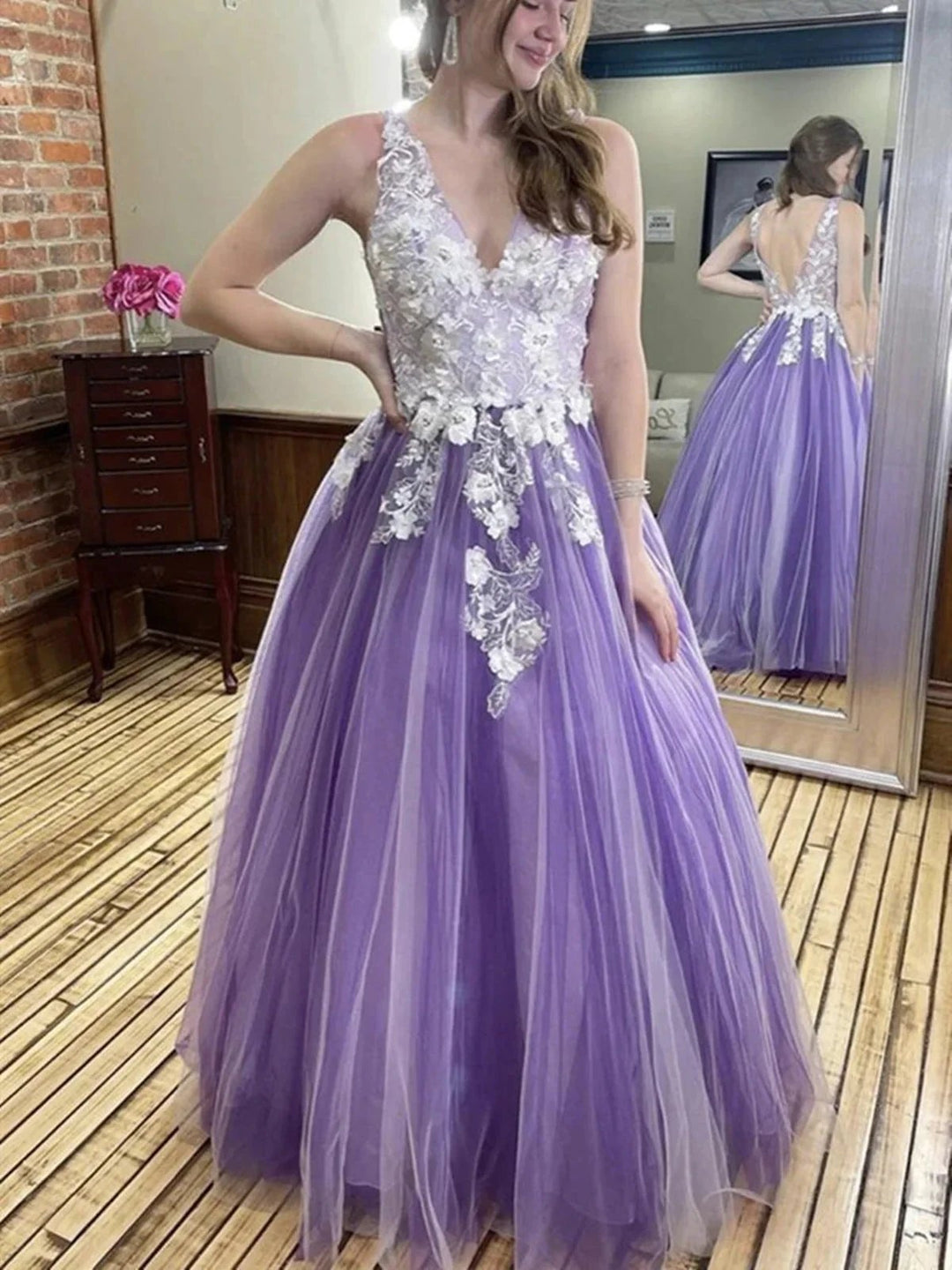 Long A-line V-neck Tulle Lace Floral 3D Flower Formal Prom Dresses by BIZTUNNEL