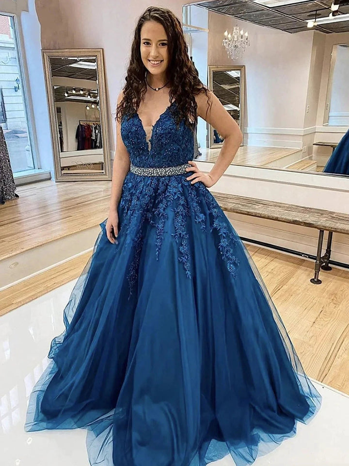 Long A-line V-neck Tulle Lace Floral Prom Dress Blue Formal Evening Dresses by BIZTUNNEL