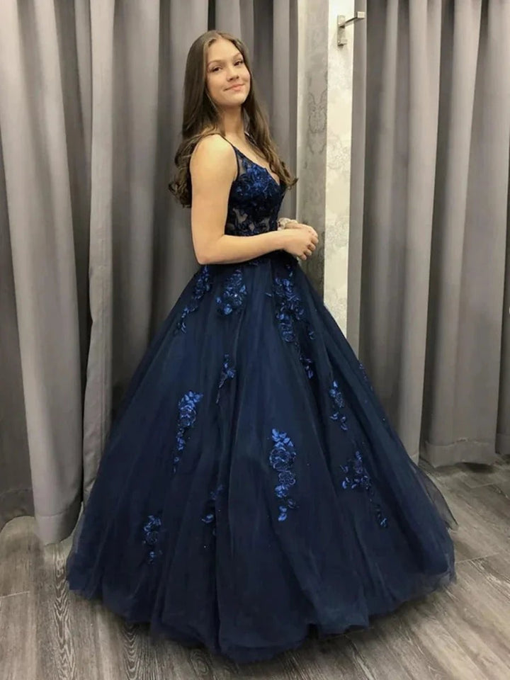 Long A-line V-neck Tulle Lace Formal Evening Dresses Dark Navy Prom Dresses by BIZTUNNEL