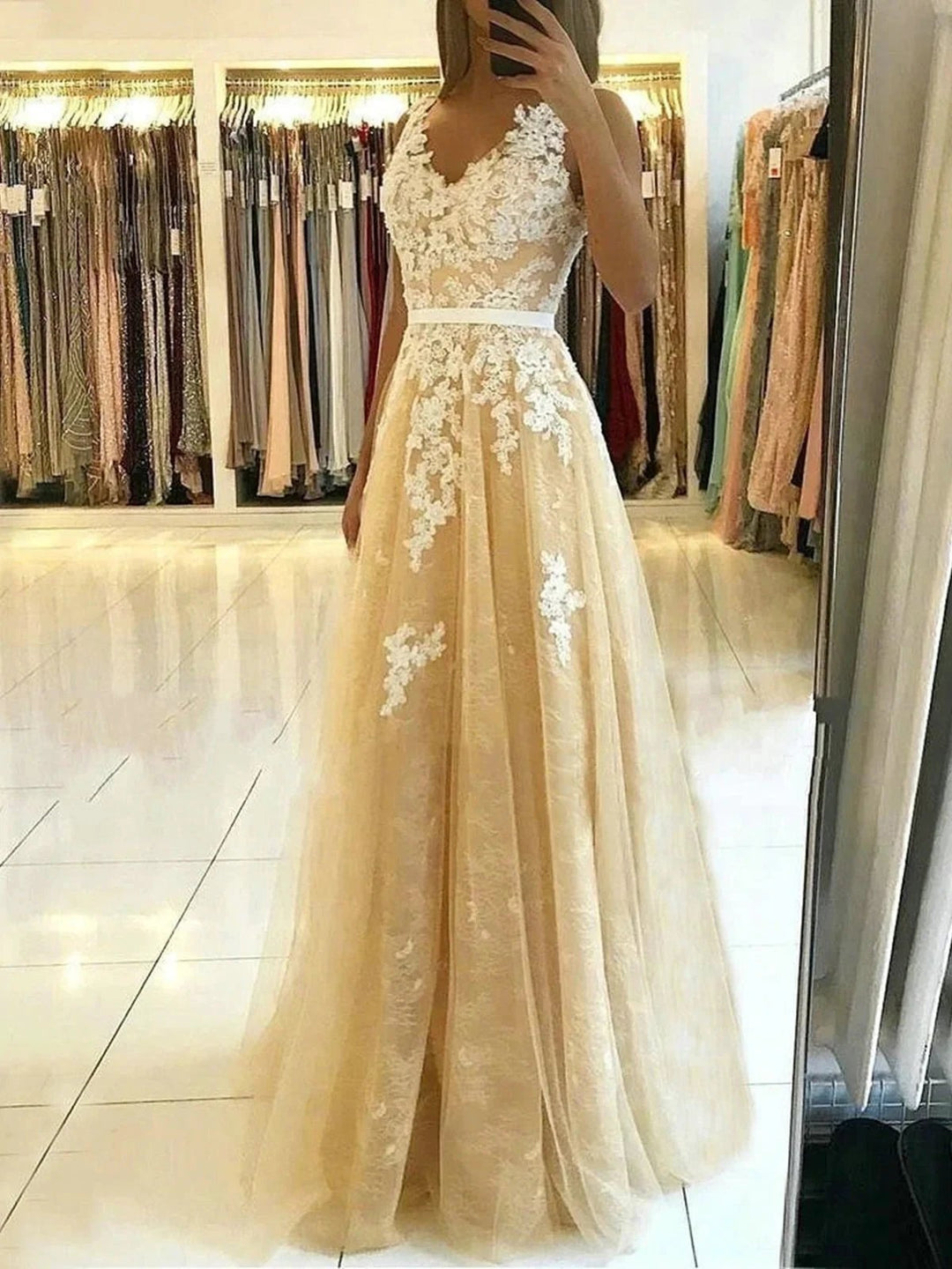 Long A-line v-neck Tulle Lace Prom Dress Champagne Backless Formal Graduation Evening Dresses by BIZTUNNEL