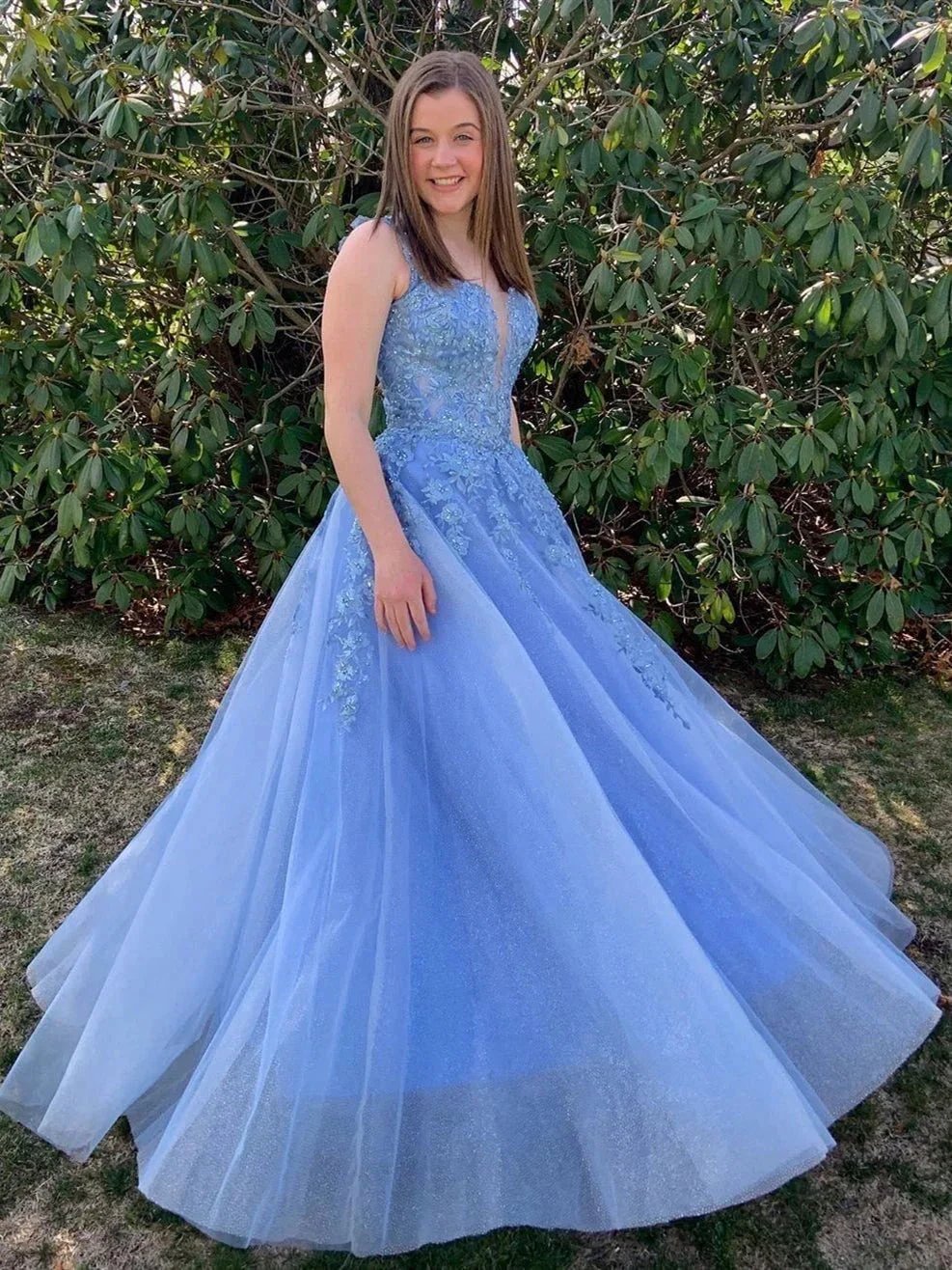 Long A-line V Neck Tulle Lace Prom Formal Graduation Evening Dresses by BIZTUNNEL