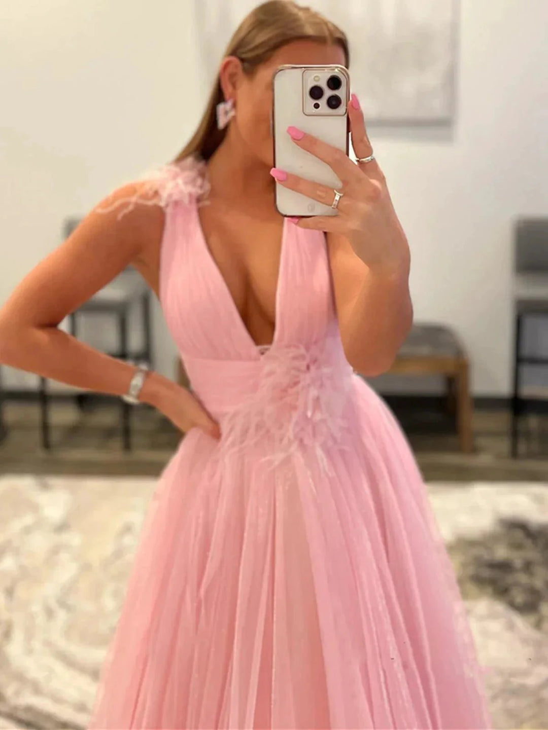 Long A-line V-neck Tulle Prom Dress with Pockets Pink Formal Graduation Evening Dresses by BIZTUNNEL