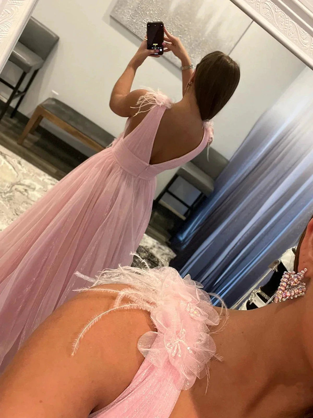 Long A-line V-neck Tulle Prom Dress with Pockets Pink Formal Graduation Evening Dresses by BIZTUNNEL
