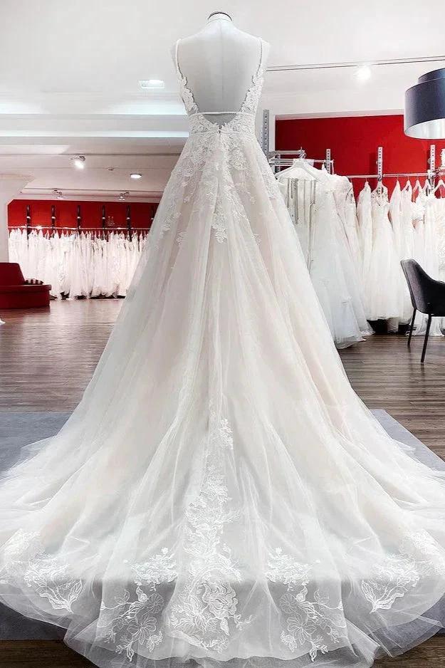 Long A-line V-neck Tulle Sleeveless Appliques Lace Backless Wedding Dress by BIZTUNNEL