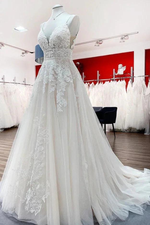 Long A-line V-neck Tulle Sleeveless Appliques Lace Backless Wedding Dress by BIZTUNNEL