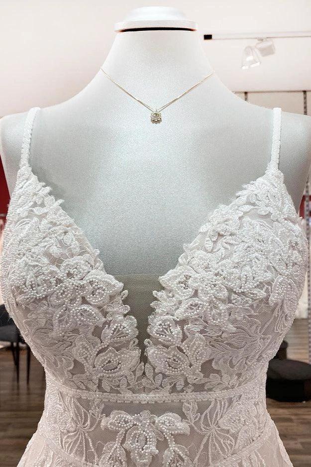 Long A-line V-neck Tulle Sleeveless Appliques Lace Backless Wedding Dress by BIZTUNNEL