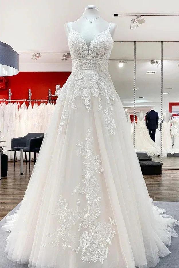 Long A-line V-neck Tulle Sleeveless Appliques Lace Backless Wedding Dress by BIZTUNNEL