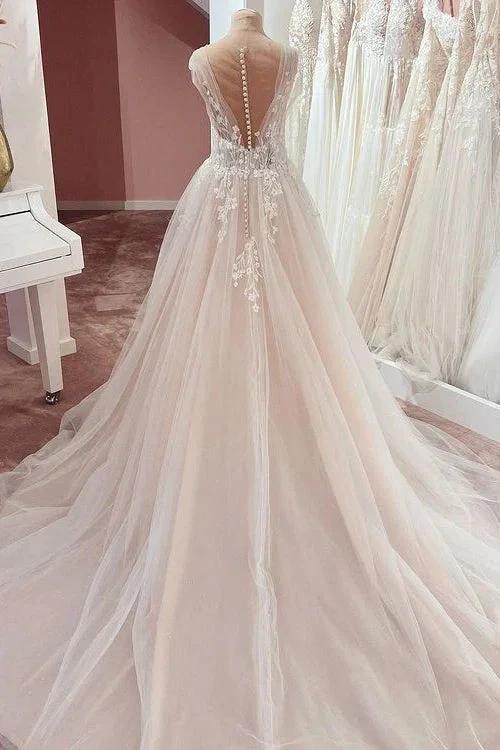Long A-Line V-neck Wide Straps Appliques Lace Tulle Wedding Dress by BIZTUNNEL