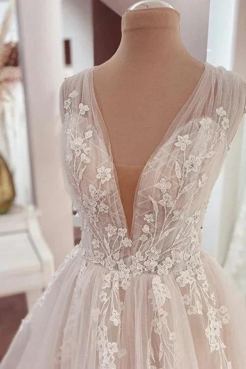 Long A-Line V-neck Wide Straps Appliques Lace Tulle Wedding Dress by BIZTUNNEL