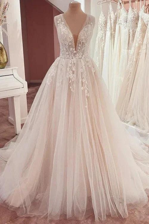 Long A-Line V-neck Wide Straps Appliques Lace Tulle Wedding Dress by BIZTUNNEL