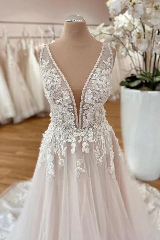 Long A-Line Wide Straps Tulle Floral Lace Wedding Dress by BIZTUNNEL
