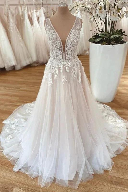 Long A-Line Wide Straps Tulle Floral Lace Wedding Dress by BIZTUNNEL