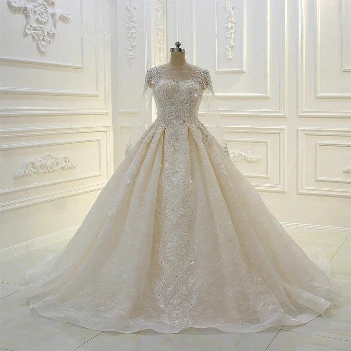 Long Ball Gown Beading Bateau Appliques Lace Wedding Dress with Sleeves by BIZTUNNEL