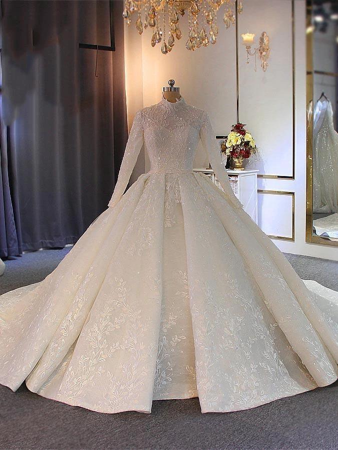 Long Ball Gown High Neck Tulle Lace Wedding Dresses with Sleeves by BIZTUNNEL